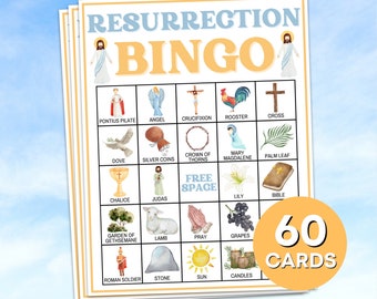 60 Resurrection Bingo Cards Printable Game, Easter Sunday Bible Bingo Game, Easter Christian Religious Bingo Boards Activity Church Game B39