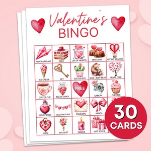 30 Valentinstag Bingo Spielkarten druckbare, Valentinstag Bingokarten druckbare Aktivität, Kinder Valentinstag Klassenzimmer Party Aktivitätsspiele B1