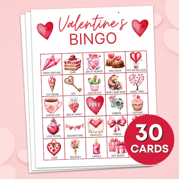 30 Valentines Bingo Game Cards Printable, Valentine's Day Bingo Cards Printable Activity, Kids Valentine's Classroom Party Activity Games B1