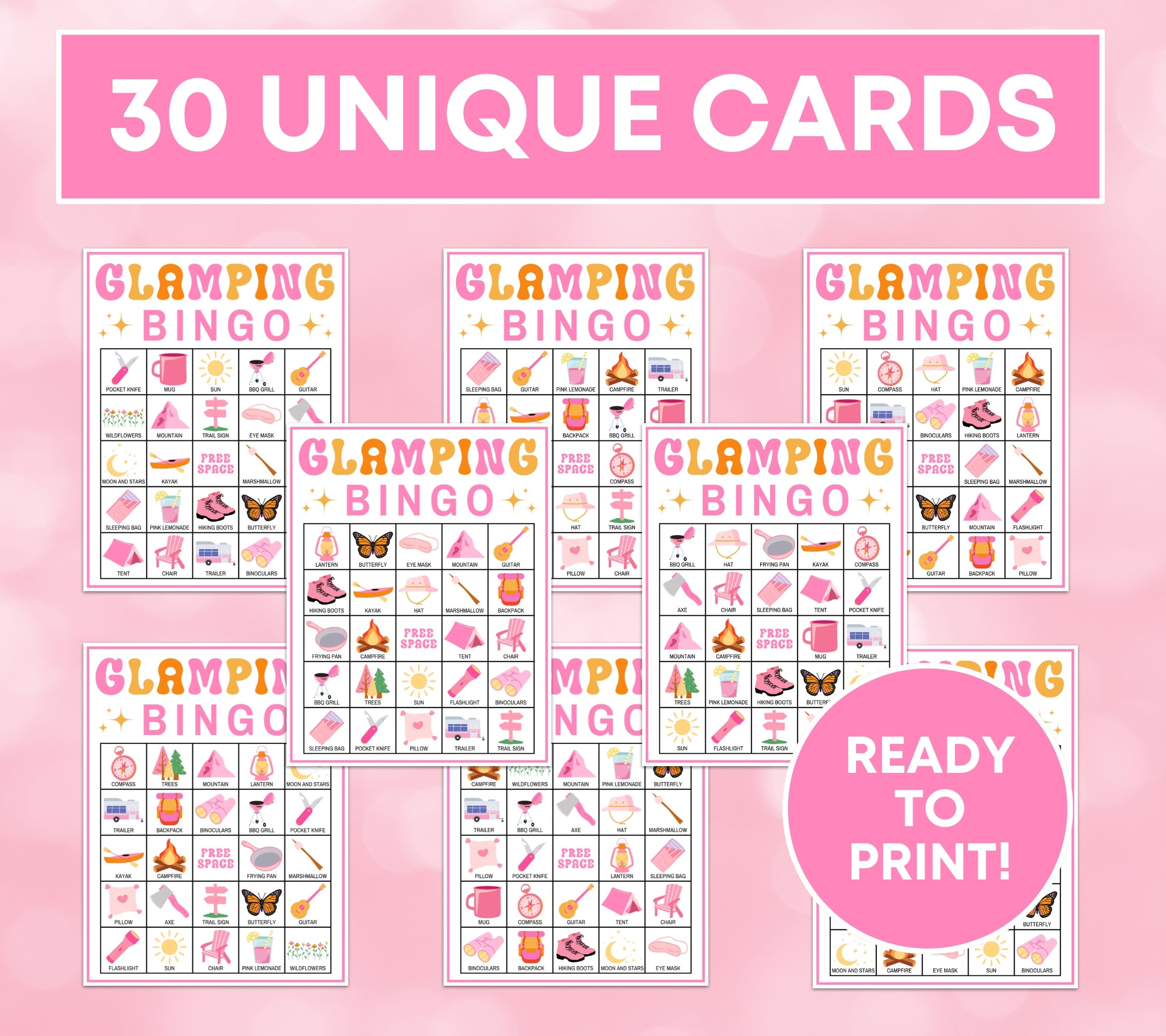 30 Glamping Bingo Cards Printable Game, Girls Camping Party Bingo Game ...