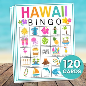 120 Hawaii Bingo Cards Juego imprimible, Luau Aloha Hawaiian Birthday Party Bingo Card, Luau Party Bingo Game Activity, Hawaiian Party Game B32
