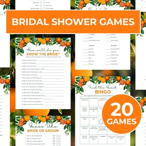 Paquete imprimible de juegos de despedida de soltera de cítricos naranjas, Juego de bingo de actividades de despedida de soltera con tema cítrico, Tarjeta de juego de despedida de soltera de boda naranja