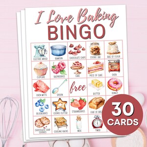 30 Bakken Bingo Spelkaarten Afdrukbaar, Bakken Verjaardagsfeestje Bingo Bordspel, Girls Night Bingo Activiteit, Bakken Voedselliefhebber Bingospel B15