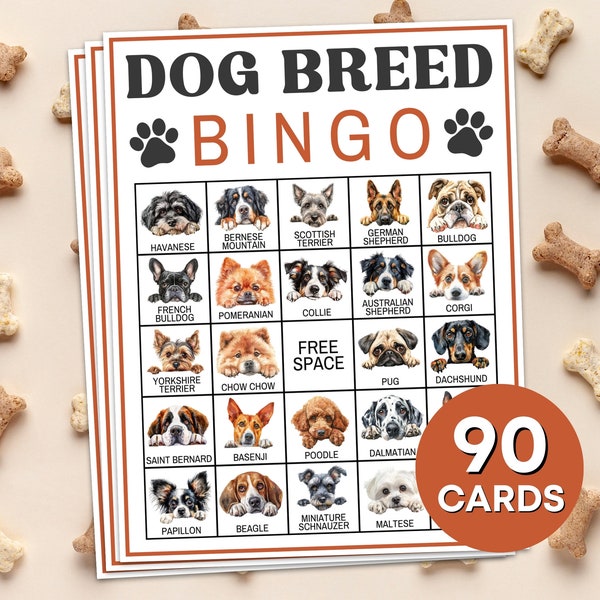 90 Dog Breed Bingo Cards Printable Game, Dog Bingo Cards Game, Dog Birthday Party Bingo Game, Dog Lover Bingo Boards Classroom Activity B65