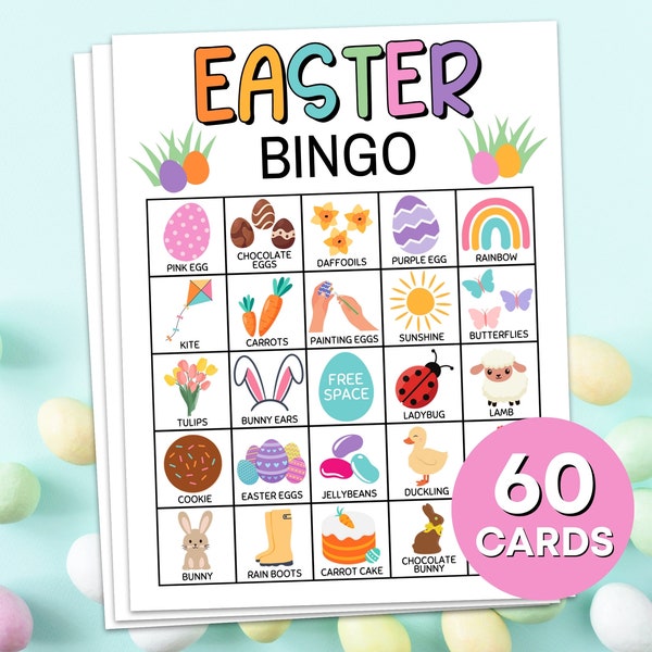 60 Easter Bingo Cards Printable Game, Easter Bingo Boards Activity for Kids, Bingo Easter Classroom Activity, Easter Printable Kids Game B4