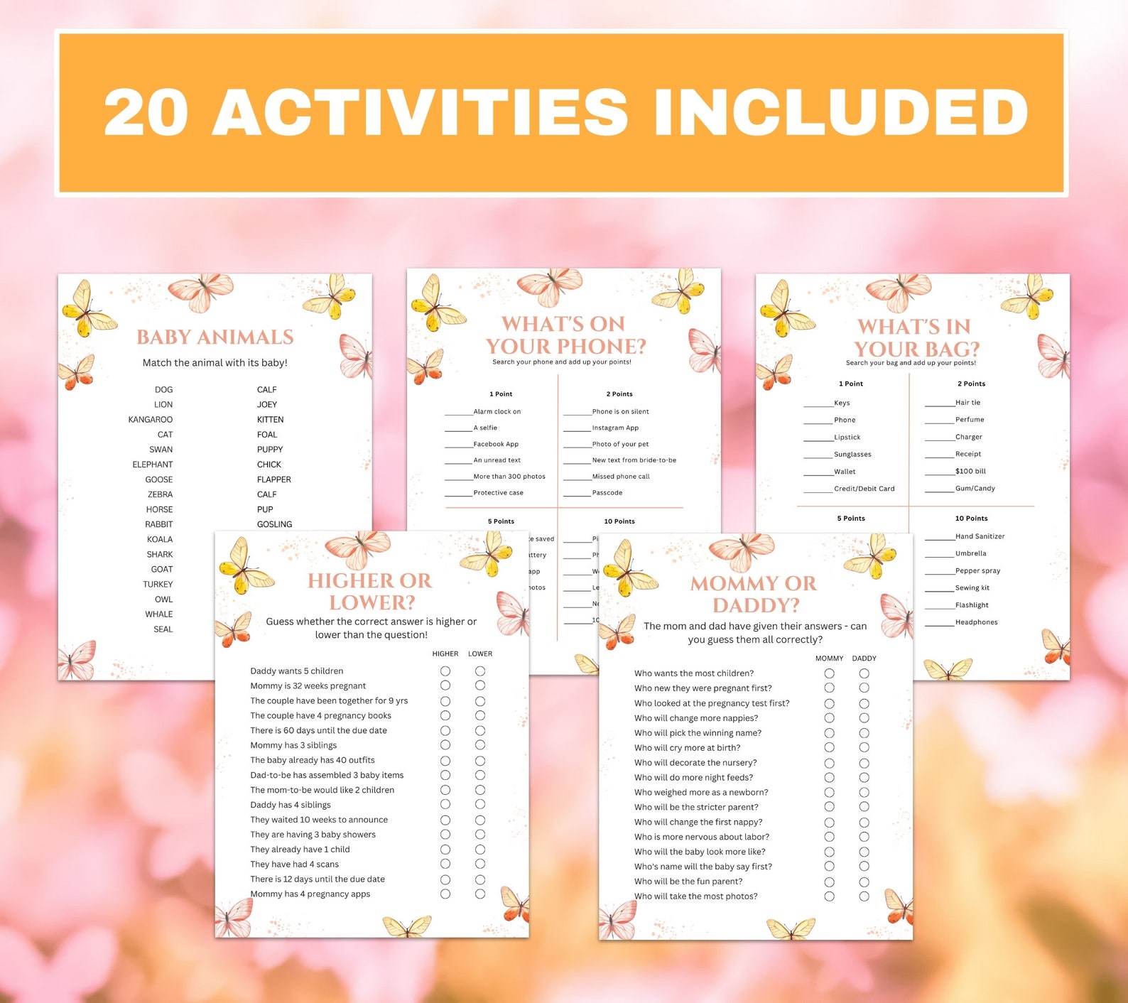 Butterfly Baby Shower Games Printable Bundle, Butterflies Baby Shower