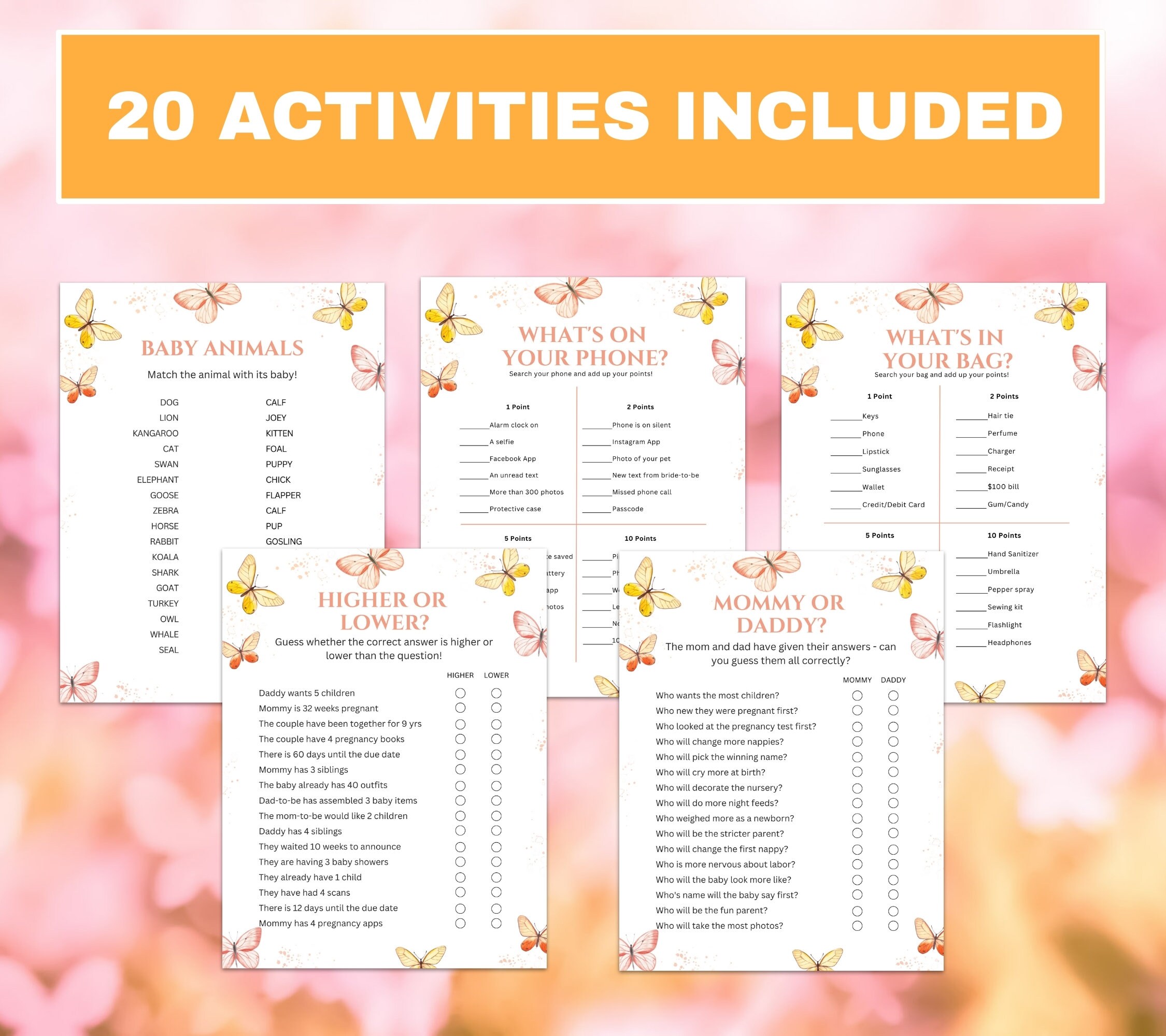 Butterfly Baby Shower Games Printable Bundle, Butterflies Baby Shower ...