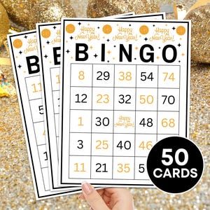 50 Silvester Bingokarten druckbare Spiel, Silvester Bingo Party Spielkarten, Silvester Bingo Brettaktivität, NYE Party Bingo für Kinder