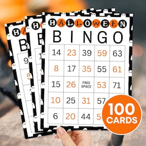 100 Halloween Bingo Karten druckbares Spiel, Halloween Herbst Bingo Boards Aktivität für Kinder, Zahlen Bingo Halloween Klassenzimmer Kinder Aktivitätsspiel