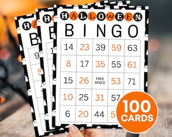 Peut inclure: Un jeu de 100 cartes de bingo d'Halloween avec un motif de fantômes noir et blanc. Les cartes présentent des numéros de 6 à 63, avec un espace libre au centre. Les cartes sont imprimées sur du papier cartonné blanc et sont prêtes à être utilisées pour un jeu de fête d'Halloween amusant.