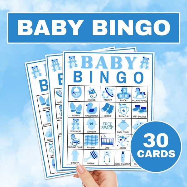 30 Baby Bingo Cards Printable Game, Baby Boy Shower Bingo Game Boards, Blue Bear Baby Boy Shower Activity, Baby Prefilled Bingo Cards Game