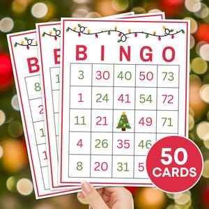 Juego de bingo navideño imprimible de 50 tarjetas, juego de mesa de bingo navideño para niños, juego de bingo de fiesta navideña, actividad de bingo navideña para el aula