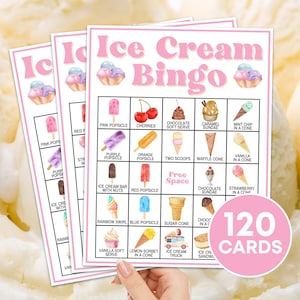 120 cartes de bingo avec crème glacée, jeu de bingo pour fête d&#39;anniversaire de crème glacée, activité en classe pour fête de crème glacée, bingo d&#39;été pour enfants B43