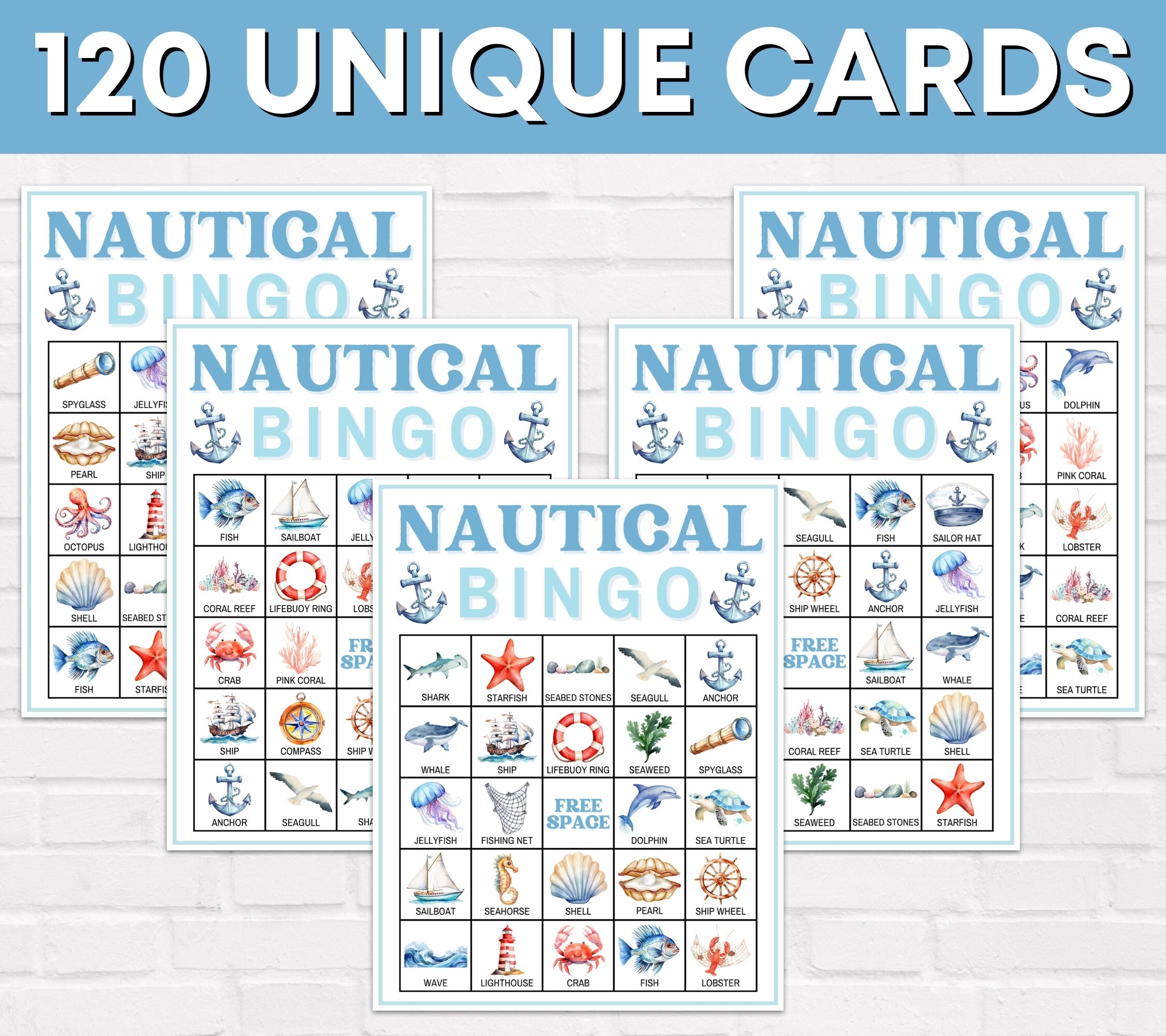 120 Nautical Bingo Cards Printable Game, Ocean Nautical Birthday Party