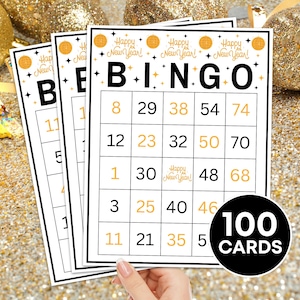 Juego de bingo de Nochevieja para imprimir en 100 unidades, tarjetas de bingo para fiestas de Año Nuevo, actividad de tablero de bingo de Nochevieja, bingo de fiesta de Nochevieja para niños