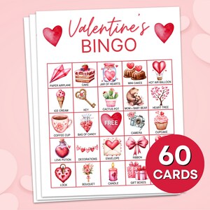 60 cartes de jeu de bingo à imprimer pour la Saint-Valentin, activités imprimables de cartes de bingo pour la Saint-Valentin, jeux d'activités de fête pour la classe de la Saint-Valentin pour enfants B1