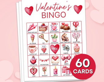 60 Valentines Bingo Game Cards Printable, Valentine's Day Bingo Cards Printable Activity, Kids Valentine's Classroom Party Activity Games B1
