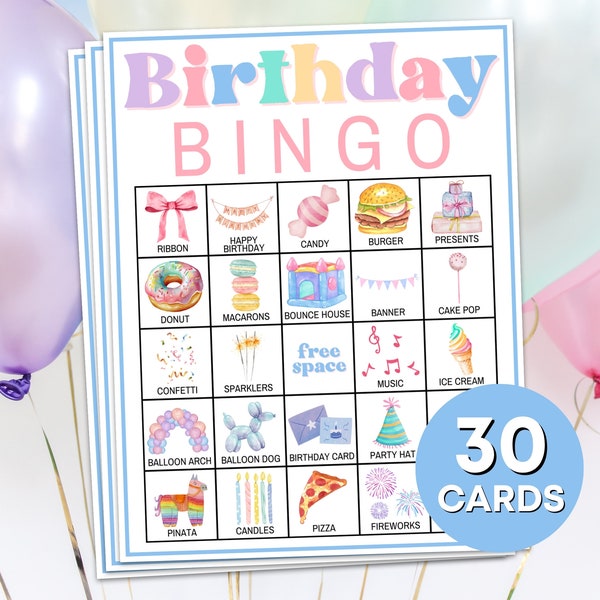 30 Birthday Bingo Cards Printable Game, Pastel Kids Birthday Bingo Boards Party Game, Girls Birthday Party Bingo Game Activity for Kids B93
