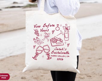 Vino Before Vows Bachelorette Tote Bag, Personalized Winery Vineyard Bachelorette Tote,Hand Drawn Doodle Wine Bach Party Favor Tote Bag Gift