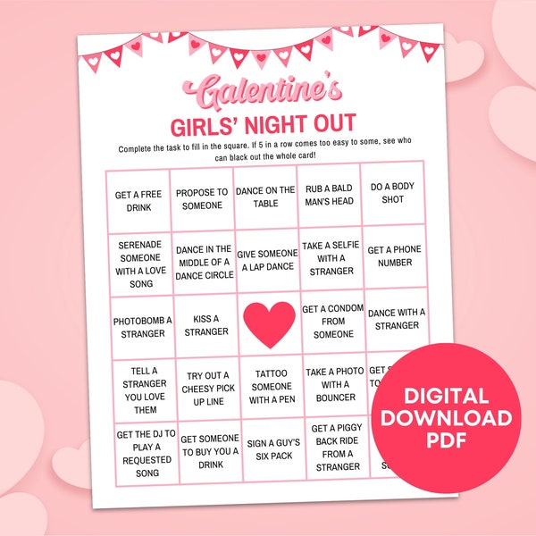 Galentine's Bingo Cards Printable, Valentines Girls Night Out Bachelorette Bingo Card Printable, Clubbing Trinking Bingo Party Spielbrett