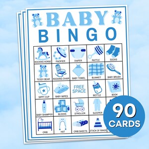 Gioco stampabile con 90 carte Bingo per bambini, Tabelloni da gioco Bingo per Baby Boy Shower, Gioco di carte Bingo precompilate per attività Baby Boy Shower Blue Bear B60
