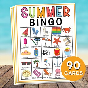 Juego imprimible de 90 cartas de bingo de verano, juego de bingo de fiesta de cumpleaños de verano, actividad de bingo de vacaciones de verano para niños, bingo de viajes de verano B29