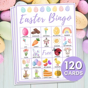 120 Oster Bingo Karten Druckbares Spiel, Oster Bingo Brett Aktivität für Kinder, Bingo Ostern Klassenzimmer Aktivität, Ostern Druckbare Kinderspiel B37