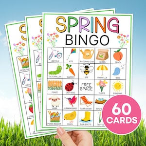 Juego imprimible de 60 cartas de bingo de primavera, actividad de aula para niños de bingo de primavera, juego de fiesta de primavera para niños, juego de tableros de bingo imprimibles de primavera
