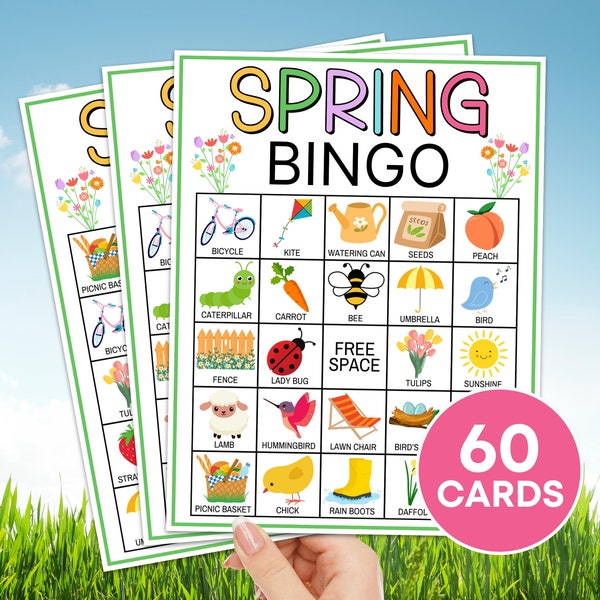 60 Spring Bingo Cards Printable Game, Spring Bingo Kids Classroom Activity, Kids Spring Party Game, Springtime Printable Bingo Boards Game