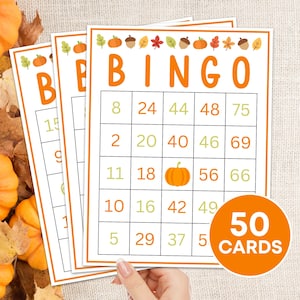 Jeu imprimable de 50 cartes de bingo d'automne, planches de bingo d'automne, activité de jeu de bingo d'automne pour les enfants, jeu d'activité de bingo en classe des nombres d'automne