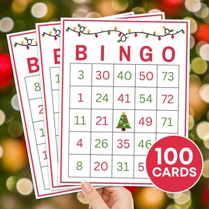 100 kerst bingokaart afdrukbaar spel, kerstbingobord, kerstfeest bingospel, kerstmis voor kinderen, vakantie bingo klasactiviteit