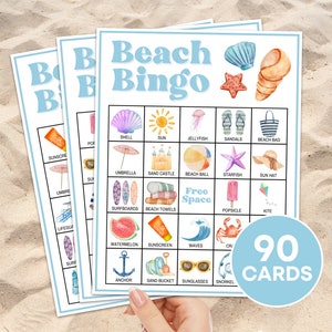 Juego imprimible de 90 cartas de bingo de playa, juego de bingo de fiesta de cumpleaños del día de la playa, actividad de bingo de vacaciones de verano para niños, bingo de viajes de playa B95