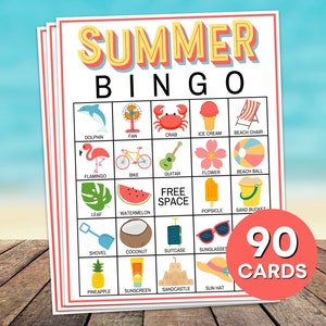 Juego imprimible de 90 cartas de bingo de verano, juego de bingo de fiesta de cumpleaños de verano, actividad de bingo de vacaciones de verano para niños, juego de bingo de viajes de verano B8