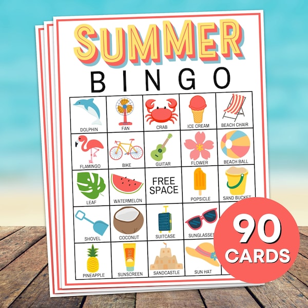 90 Summer Bingo Cards Printable Game, Summer Birthday Party Bingo Game, Summer Vacation Bingo Activity for Kids, Summer Travel Bingo Game B8