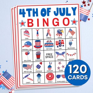 120 cartes de bingo du 4 juillet à imprimer, jeu de bingo pour le jour de l'indépendance des États-Unis, 4 juillet, jeu de bingo pour enfants du 4 juillet, États-Unis B80