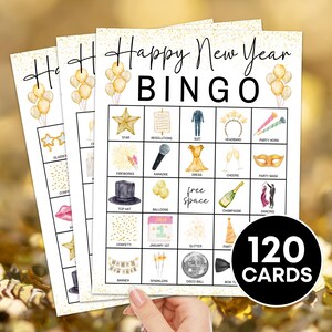 120 carte da bingo di Capodanno stampabili, gioco di bingo di Capodanno per bambini e adulti, gioco di attività con carte da bingo per la festa di Capodanno
