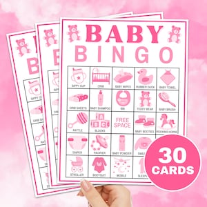 30 baby bingokaarten afdrukbaar spel, baby meisje douche bingo spelborden, roze beer baby meisje douche activiteit, baby voorgevulde bingokaarten spel