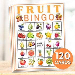 Juego imprimible de 120 cartas de bingo de frutas, juego de tableros de bingo de frutas, actividad de aula de bingo de vocabulario de frutas para niños, juego de fiesta de comida de frutas B64