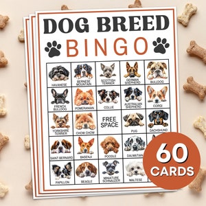 60 tarjetas de bingo de raza de perro juego imprimible, juego de cartas de bingo para perros, juego de bingo de fiesta de cumpleaños de perros, tableros de bingo para amantes de los perros actividad en el aula B65