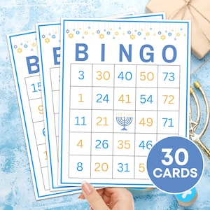 Jeu imprimable 30 cartes de bingo de Hanoukka, planches de bingo pour la fête de Hanoucca, cartes de bingo pour enfants fête juive de Hanoucca, activité de jeu pour la fête de Hanoucca