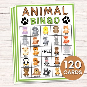 Gioco stampabile con 120 carte Bingo per animali, Attività da tavolo Bingo per cuccioli di animali dello zoo, Gioco di attività per feste di compleanno di animali, Gioco di Bingo per amanti degli animali B7