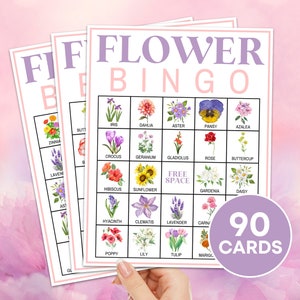 90 Blumen-Bingokarten zum Ausdrucken, Blumen-Frühlings-Bingobretter für Kinder im Klassenzimmer, Garten-Party-Bingo-Spiel, Garten-Bingo-Spiel B62