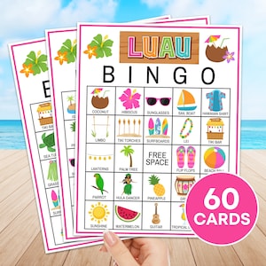 60 Luau Bingo Cards Juego imprimible, Aloha Hawaiian Birthday Party Bingo Boards, Luau Party Bingo Game Activity, Hawaiian Party Game Board
