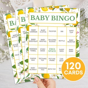 120 tarjetas de bingo de baby shower de limón juego imprimible, actividad de juego de bingo de regalo de baby shower de cítricos, tablero de bingo presente precargado de baby shower