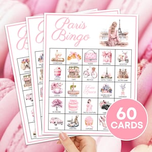 60 Parijs bingokaarten afdrukbaar spel, roze esthetische Parijs Frankrijk bingo bordspel, Girls Night Parijs bruids douche partij bingospel B112