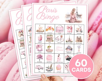 60 cartas de bingo de Paris jogo para impressão, jogo de tabuleiro de bingo estético rosa Paris França, noite de meninas Paris chá de panela jogo de bingo B112