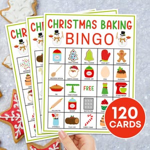 120 Weihnachtsbacken-Bingokarten druckbares Spiel, Weihnachtsplätzchen-Bingo-Brettspiel für Kinder, Weihnachtsferien-Bingo-Klassenzimmer-Aktivitätsspiel