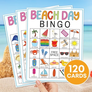 120 cartas de bingo de praia, jogo para impressão, jogo de bingo para festa de aniversário no dia da praia, atividade de bingo de férias de verão para crianças, bingo de viagem na praia B28