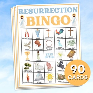 90 opstanding bingokaarten afdrukbaar spel, paaszondag Bijbel bingospel, Pasen christelijke religieuze bingoborden activiteit kerk spel B39