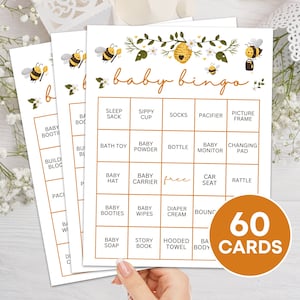 60 tarjetas de bingo de baby shower de abejas juego imprimible, actividad de tarjeta de juego de bingo de regalo de baby shower, juego de mesa de bingo presente precargado de baby shower
